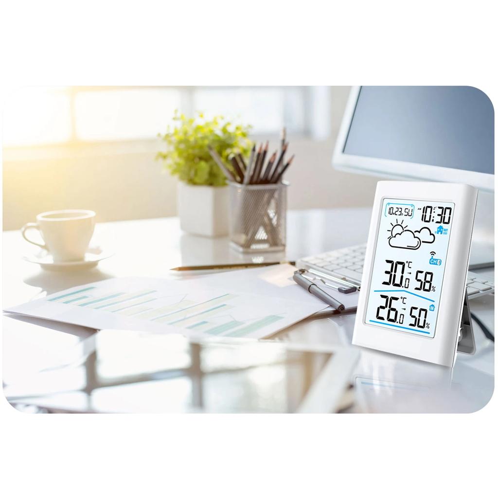 Statie Meteo Fara Fir Weather Station IdealStore, Senzor Exterior, Higrometru, Umiditate Interioara/Exterioara, Prognoza Meteo, Calendar, Ecran LCD cu Iluminare de Fundal, Culoare Alb