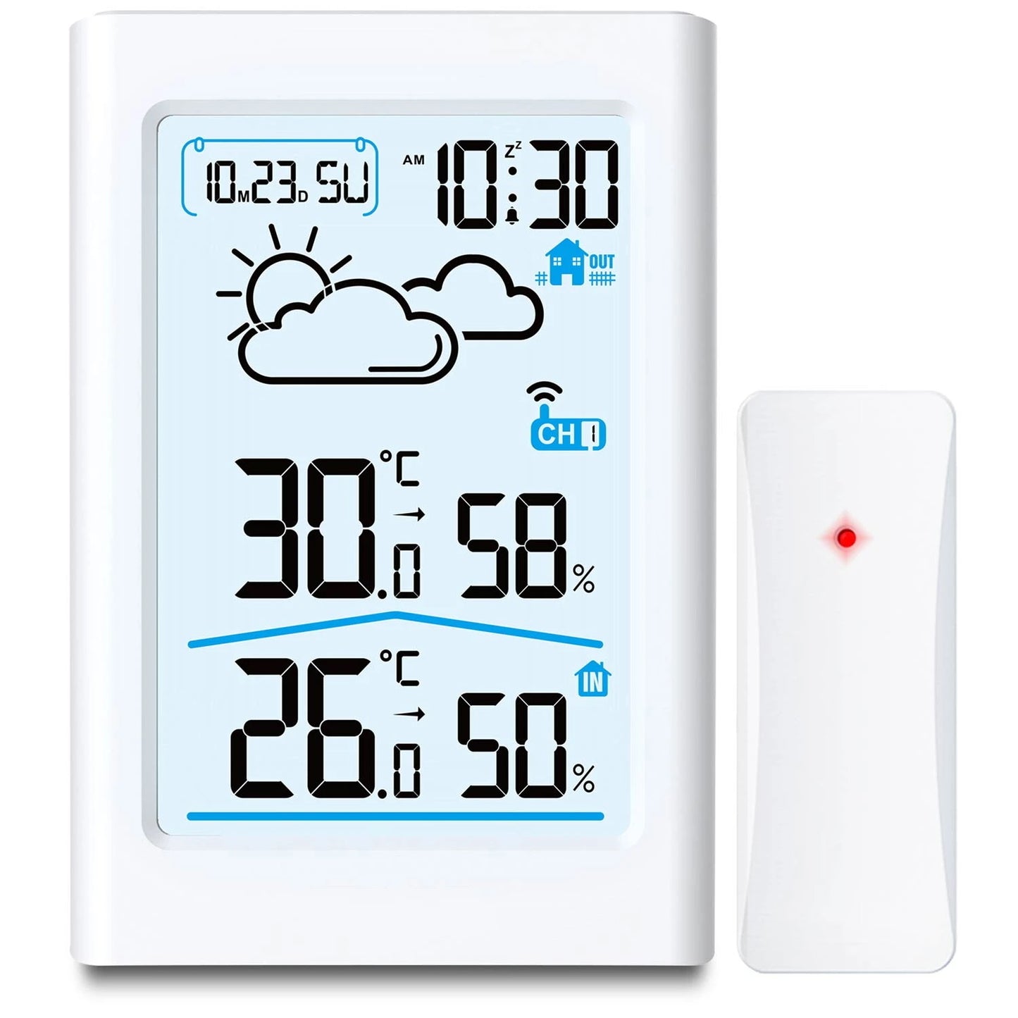 Statie Meteo Fara Fir Weather Station IdealStore, Senzor Exterior, Higrometru, Umiditate Interioara/Exterioara, Prognoza Meteo, Calendar, Ecran LCD cu Iluminare de Fundal, Culoare Alb