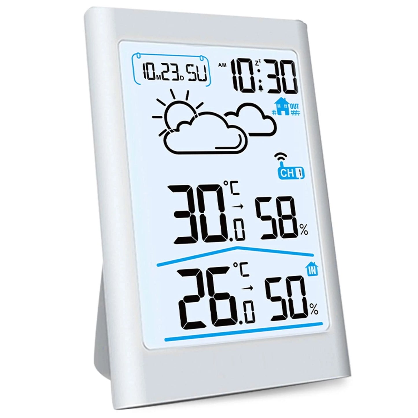 Statie Meteo Fara Fir Weather Station IdealStore, Senzor Exterior, Higrometru, Umiditate Interioara/Exterioara, Prognoza Meteo, Calendar, Ecran LCD cu Iluminare de Fundal, Culoare Alb