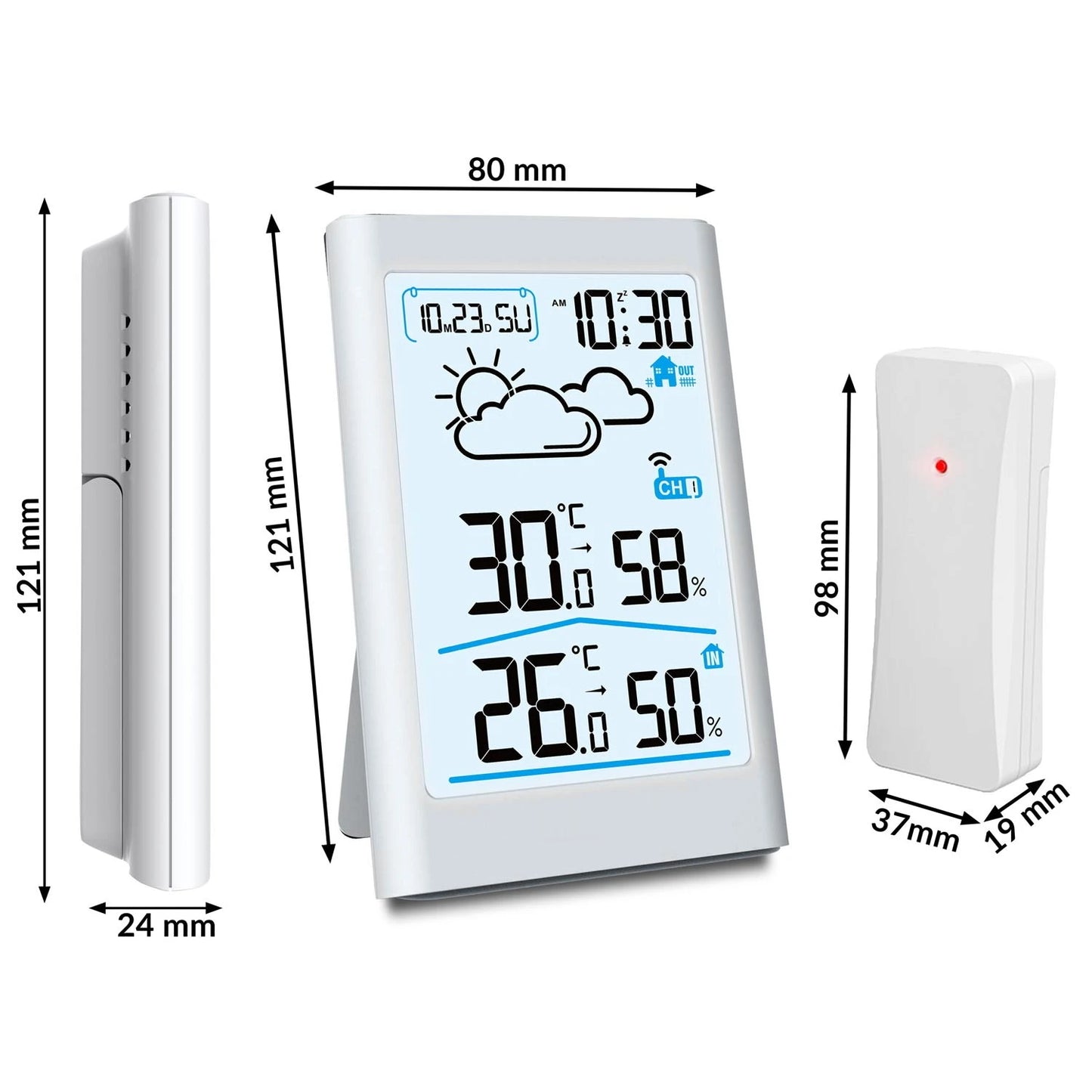 Statie Meteo Fara Fir Weather Station IdealStore, Senzor Exterior, Higrometru, Umiditate Interioara/Exterioara, Prognoza Meteo, Calendar, Ecran LCD cu Iluminare de Fundal, Culoare Alb