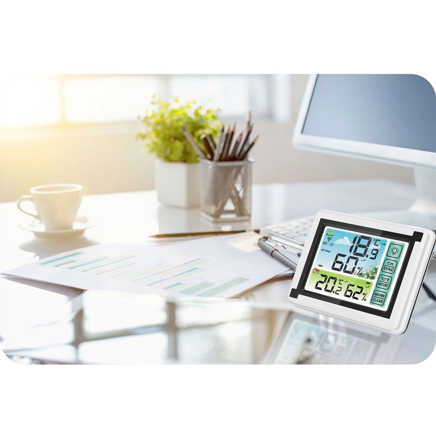 Statie Meteo Profesionala fara Fir IdealStore, Cu Senzor Exterior, Higrometru, Touch Screen, Afisaj Color, Predictie Temperatura si Umiditate, Ecran luminat, culoare Alb