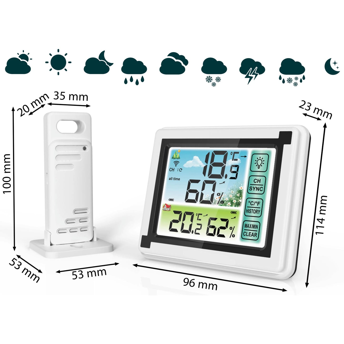 Statie Meteo Profesionala fara Fir IdealStore, Cu Senzor Exterior, Higrometru, Touch Screen, Afisaj Color, Predictie Temperatura si Umiditate, Ecran luminat, culoare Alb