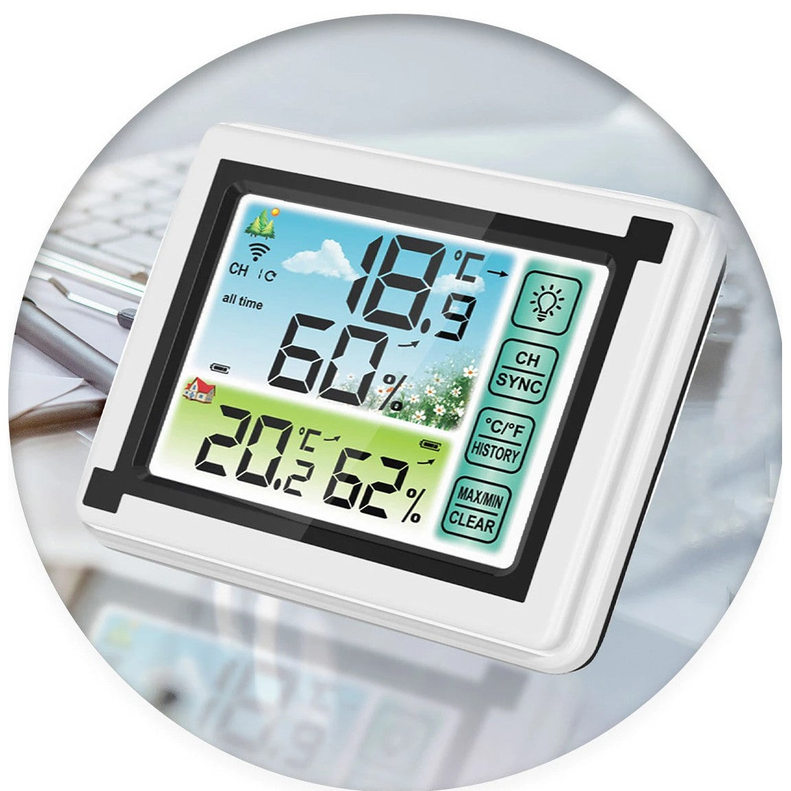 Statie Meteo Profesionala fara Fir IdealStore, Cu Senzor Exterior, Higrometru, Touch Screen, Afisaj Color, Predictie Temperatura si Umiditate, Ecran luminat, culoare Alb