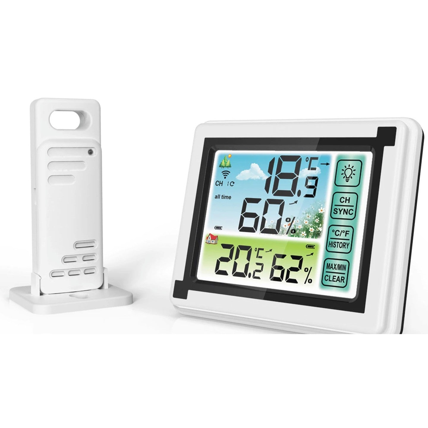 Statie Meteo Profesionala fara Fir IdealStore, Cu Senzor Exterior, Higrometru, Touch Screen, Afisaj Color, Predictie Temperatura si Umiditate, Ecran luminat, culoare Alb