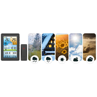 Statie Meteo fara Fir Weather Sun IdealStore Wireless, cu Senzor Exterior, Higrometru, Barometru, Prognoza meteo, Fazele Lunii, Afisaj Color, Predictie Temperatura si Umiditate, Ecran luminat, culoare Negru