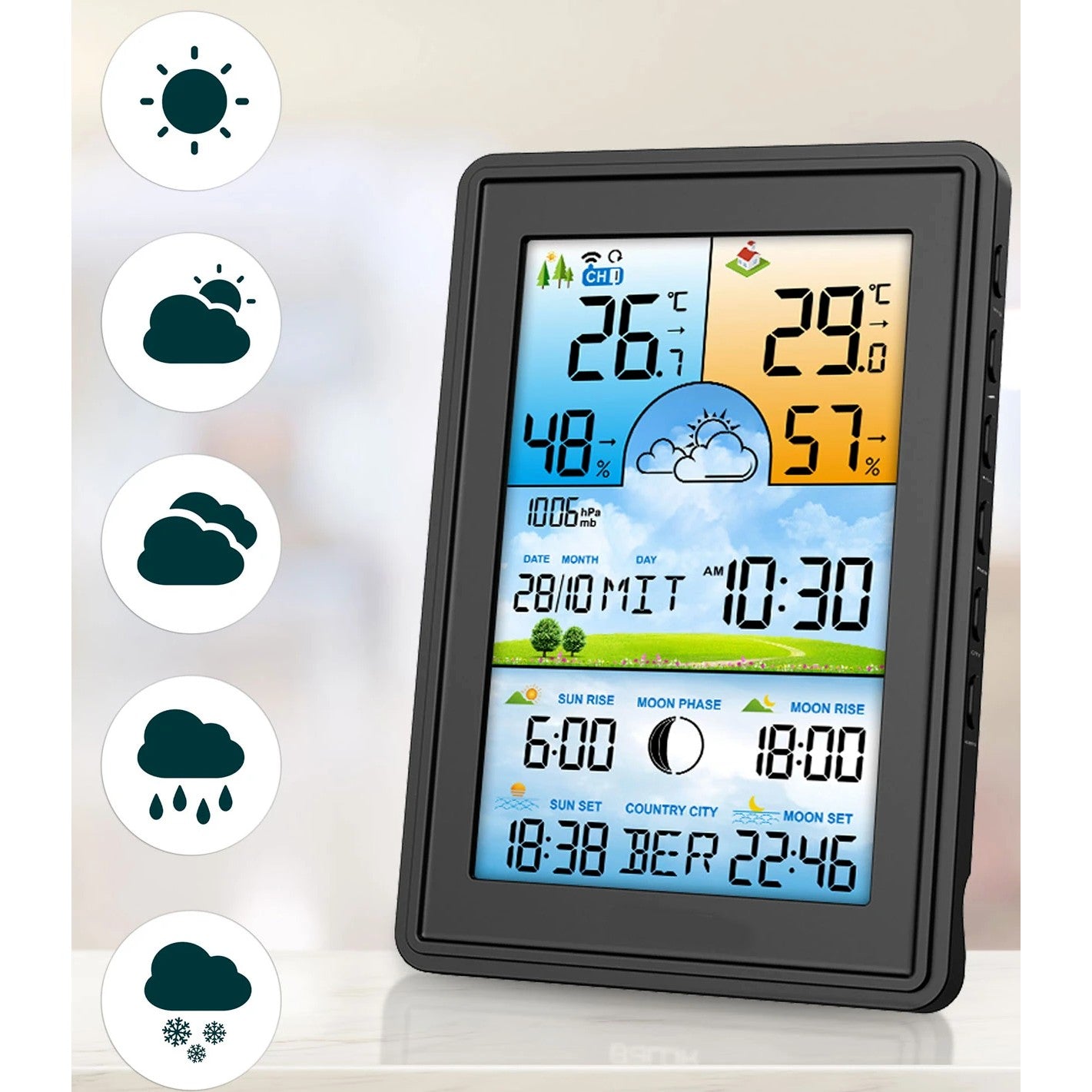 Statie Meteo fara Fir Weather Sun IdealStore Wireless, cu Senzor Exterior, Higrometru, Barometru, Prognoza meteo, Fazele Lunii, Afisaj Color, Predictie Temperatura si Umiditate, Ecran luminat, culoare Negru