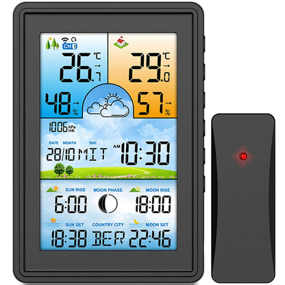 Statie Meteo fara Fir Weather Sun IdealStore Wireless, cu Senzor Exterior, Higrometru, Barometru, Prognoza meteo, Fazele Lunii, Afisaj Color, Predictie Temperatura si Umiditate, Ecran luminat, culoare Negru