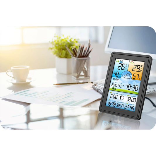 Statie Meteo fara Fir Weather Sun IdealStore Wireless, cu Senzor Exterior, Higrometru, Barometru, Prognoza meteo, Fazele Lunii, Afisaj Color, Predictie Temperatura si Umiditate, Ecran luminat, culoare Negru