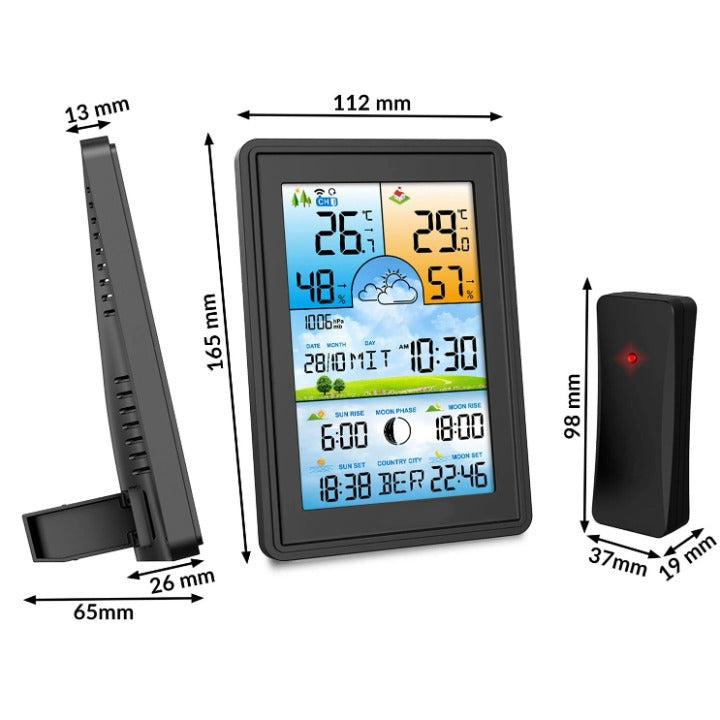 Statie Meteo fara Fir Weather Sun IdealStore Wireless, cu Senzor Exterior, Higrometru, Barometru, Prognoza meteo, Fazele Lunii, Afisaj Color, Predictie Temperatura si Umiditate, Ecran luminat, culoare Negru