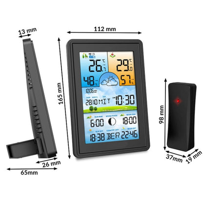Statie Meteo fara Fir Weather Sun IdealStore Wireless, cu Senzor Exterior, Higrometru, Barometru, Prognoza meteo, Fazele Lunii, Afisaj Color, Predictie Temperatura si Umiditate, Ecran luminat, culoare Negru
