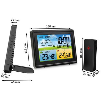 Statie Meteo fara Fir Spring IdealStore, cu Senzor Exterior, Higrometru, Barometru, Prognoza meteo, Fazele Lunii, Pictograma nivel de Confort, Ceas cu Alarma, Ecran luminat, culoare Negru