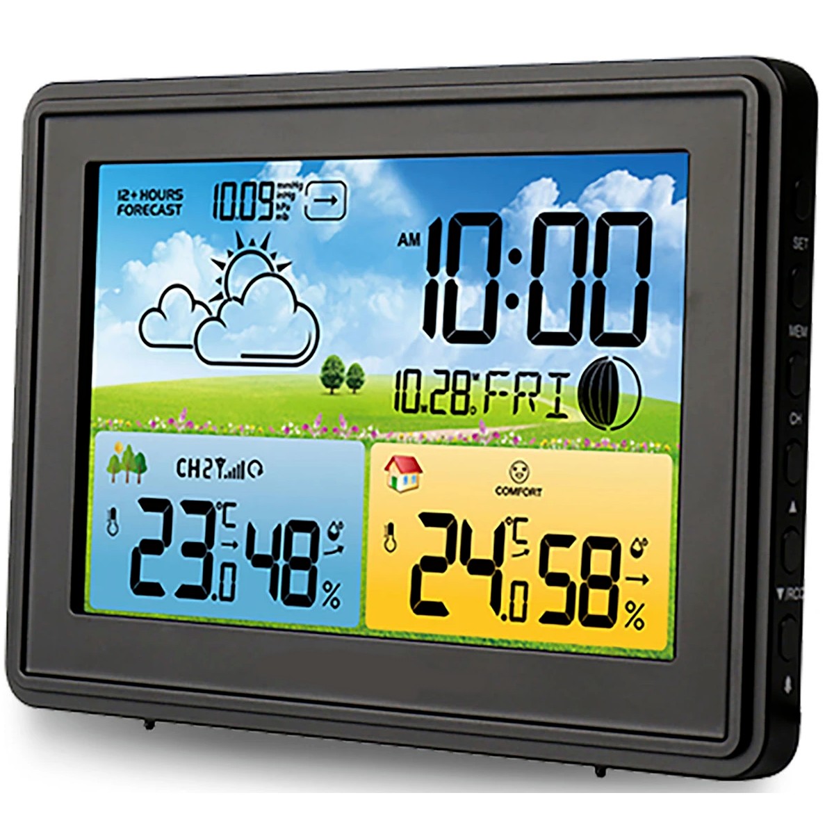 Statie Meteo fara Fir Spring IdealStore, cu Senzor Exterior, Higrometru, Barometru, Prognoza meteo, Fazele Lunii, Pictograma nivel de Confort, Ceas cu Alarma, Ecran luminat, culoare Negru