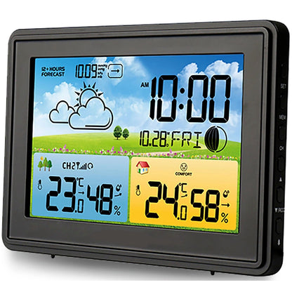 Statie Meteo fara Fir Spring IdealStore, cu Senzor Exterior, Higrometru, Barometru, Prognoza meteo, Fazele Lunii, Pictograma nivel de Confort, Ceas cu Alarma, Ecran luminat, culoare Negru