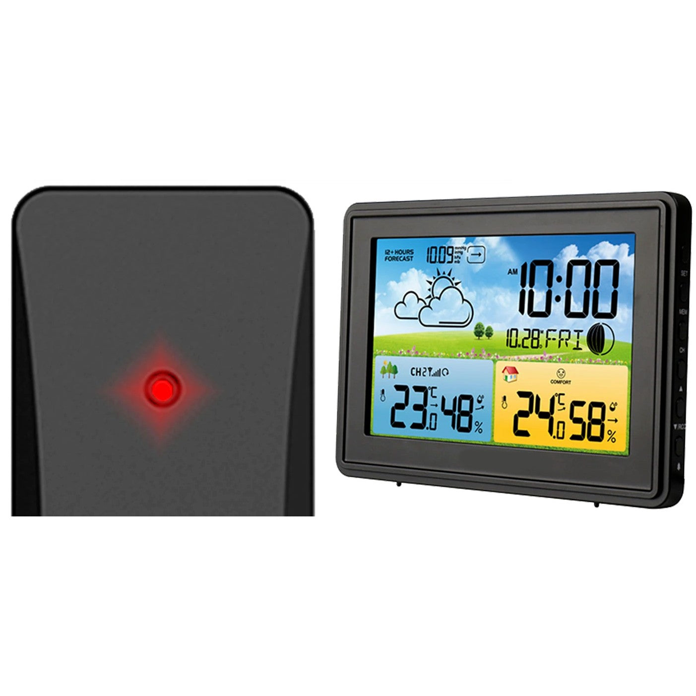 Statie Meteo fara Fir Spring IdealStore, cu Senzor Exterior, Higrometru, Barometru, Prognoza meteo, Fazele Lunii, Pictograma nivel de Confort, Ceas cu Alarma, Ecran luminat, culoare Negru