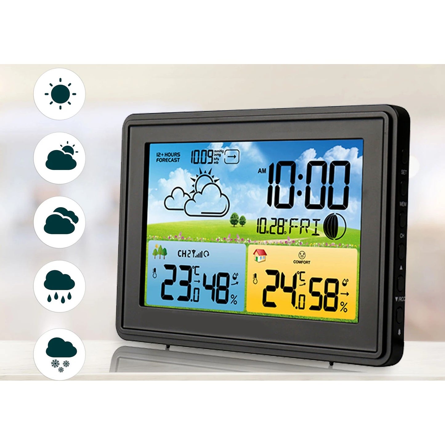 Statie Meteo fara Fir Spring IdealStore, cu Senzor Exterior, Higrometru, Barometru, Prognoza meteo, Fazele Lunii, Pictograma nivel de Confort, Ceas cu Alarma, Ecran luminat, culoare Negru