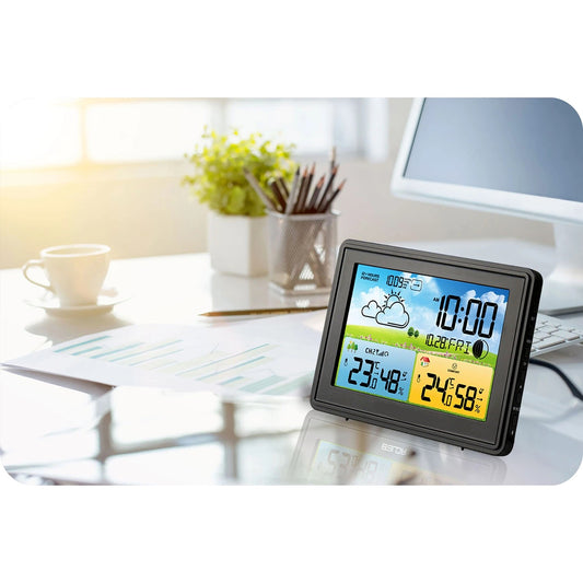 Statie Meteo fara Fir Spring IdealStore, cu Senzor Exterior, Higrometru, Barometru, Prognoza meteo, Fazele Lunii, Pictograma nivel de Confort, Ceas cu Alarma, Ecran luminat, culoare Negru