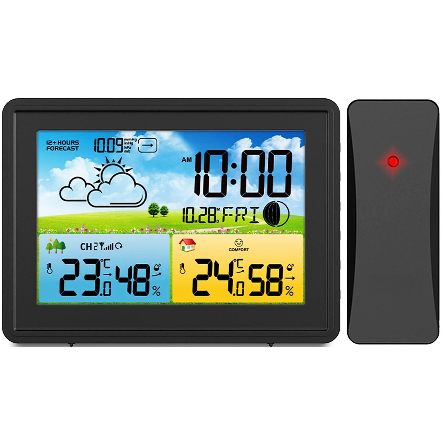 Statie Meteo fara Fir Spring IdealStore, cu Senzor Exterior, Higrometru, Barometru, Prognoza meteo, Fazele Lunii, Pictograma nivel de Confort, Ceas cu Alarma, Ecran luminat, culoare Negru