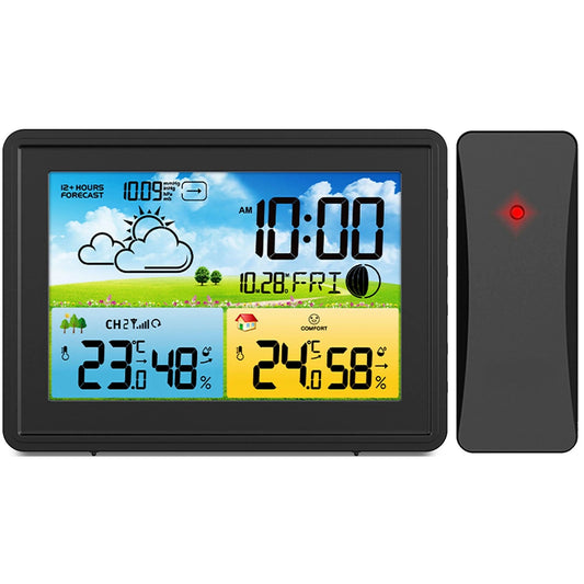 Statie Meteo fara Fir Spring IdealStore, cu Senzor Exterior, Higrometru, Barometru, Prognoza meteo, Fazele Lunii, Pictograma nivel de Confort, Ceas cu Alarma, Ecran luminat, culoare Negru