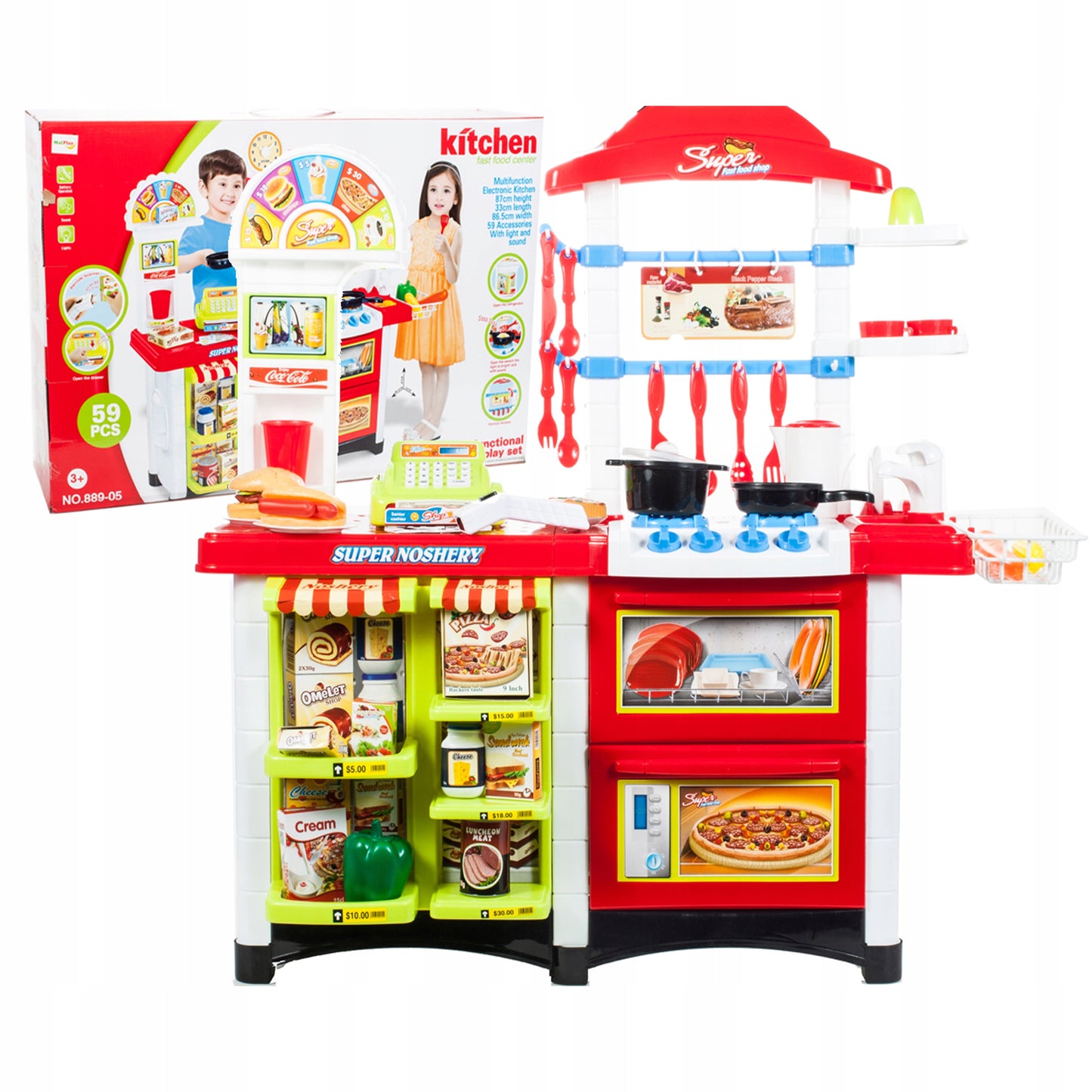 Bucatarie multifinctionala cu Supermarket Bucatarul Meu XXL pentru copii, sunete si lumini, 87 cm Inaltime, accesorii incluse, ceas, instrumente pentru gatit, aragaz, supermarket, Culoare Rosie