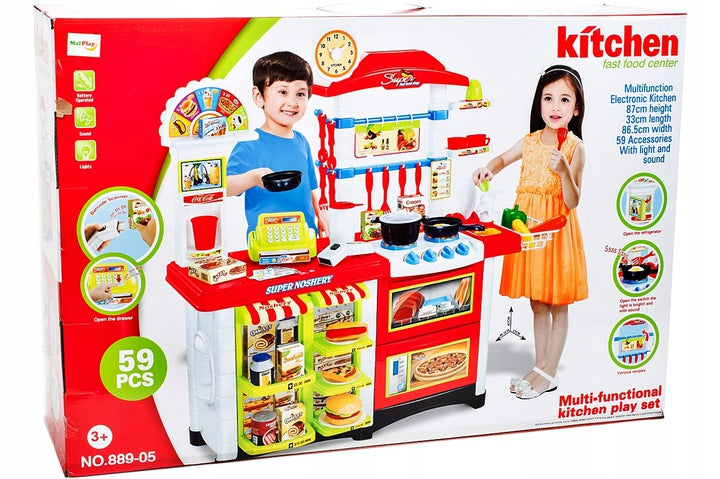 Bucatarie multifinctionala cu Supermarket Bucatarul Meu XXL pentru copii, sunete si lumini, 87 cm Inaltime, accesorii incluse, ceas, instrumente pentru gatit, aragaz, supermarket, Culoare Rosie