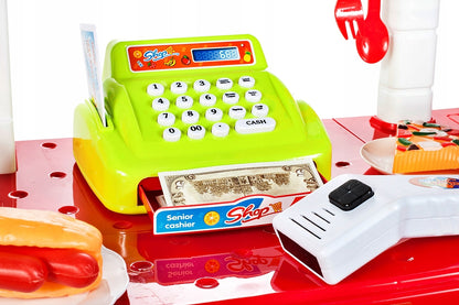 Bucatarie multifinctionala cu Supermarket Bucatarul Meu XXL pentru copii, sunete si lumini, 87 cm Inaltime, accesorii incluse, ceas, instrumente pentru gatit, aragaz, supermarket, Culoare Rosie