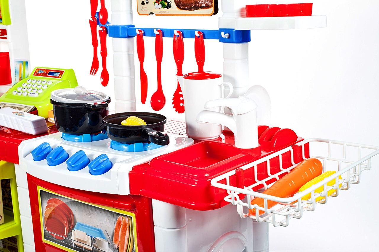 Bucatarie multifinctionala cu Supermarket Bucatarul Meu XXL pentru copii, sunete si lumini, 87 cm Inaltime, accesorii incluse, ceas, instrumente pentru gatit, aragaz, supermarket, Culoare Rosie