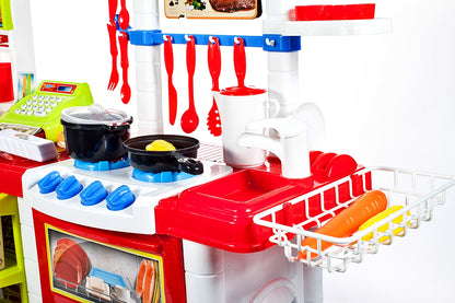 Bucatarie multifinctionala cu Supermarket Bucatarul Meu XXL pentru copii, sunete si lumini, 87 cm Inaltime, accesorii incluse, ceas, instrumente pentru gatit, aragaz, supermarket, Culoare Rosie
