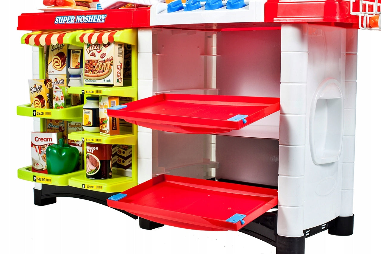 Bucatarie multifinctionala cu Supermarket Bucatarul Meu XXL pentru copii, sunete si lumini, 87 cm Inaltime, accesorii incluse, ceas, instrumente pentru gatit, aragaz, supermarket, Culoare Rosie
