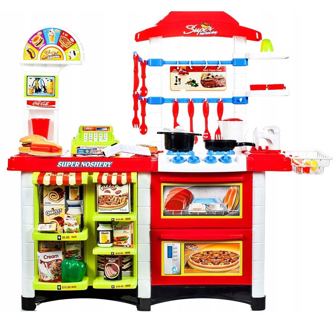 Bucatarie multifinctionala cu Supermarket Bucatarul Meu XXL pentru copii, sunete si lumini, 87 cm Inaltime, accesorii incluse, ceas, instrumente pentru gatit, aragaz, supermarket, Culoare Rosie