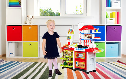 Bucatarie multifinctionala cu Supermarket Bucatarul Meu XXL pentru copii, sunete si lumini, 87 cm Inaltime, accesorii incluse, ceas, instrumente pentru gatit, aragaz, supermarket, Culoare Rosie