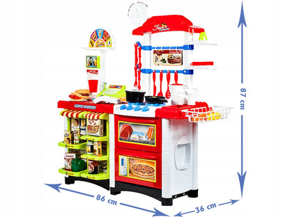 Bucatarie multifinctionala cu Supermarket Bucatarul Meu XXL pentru copii, sunete si lumini, 87 cm Inaltime, accesorii incluse, ceas, instrumente pentru gatit, aragaz, supermarket, Culoare Rosie