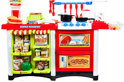 Bucatarie multifinctionala cu Supermarket Bucatarul Meu XXL pentru copii, sunete si lumini, 87 cm Inaltime, accesorii incluse, ceas, instrumente pentru gatit, aragaz, supermarket, Culoare Rosie