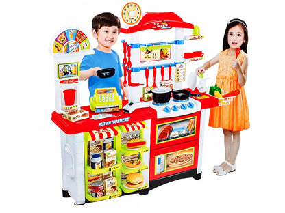 Bucatarie multifinctionala cu Supermarket Bucatarul Meu XXL pentru copii, sunete si lumini, 87 cm Inaltime, accesorii incluse, ceas, instrumente pentru gatit, aragaz, supermarket, Culoare Rosie