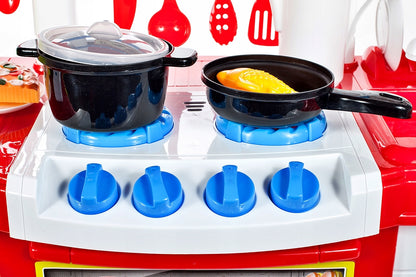 Bucatarie multifinctionala cu Supermarket Bucatarul Meu XXL pentru copii, sunete si lumini, 87 cm Inaltime, accesorii incluse, ceas, instrumente pentru gatit, aragaz, supermarket, Culoare Rosie