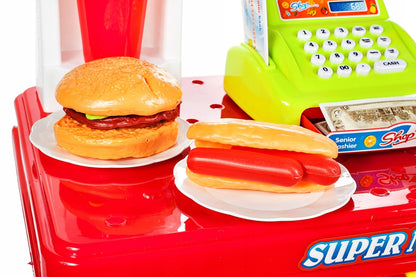 Bucatarie multifinctionala cu Supermarket Bucatarul Meu XXL pentru copii, sunete si lumini, 87 cm Inaltime, accesorii incluse, ceas, instrumente pentru gatit, aragaz, supermarket, Culoare Rosie