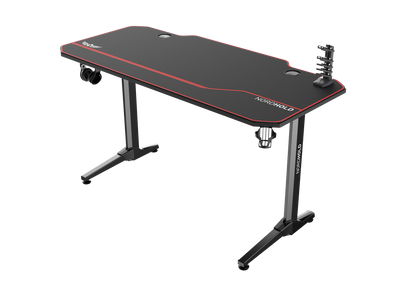 Birou Gaming cu suprafata tip mousepad idealSTORE Shark GD HOLD, Dimensiuni 140 x 66 x 77 cm, Prevazut cu picioare stabile, Accesorizat cu suport pentru casti, pahar si mousepad, Echipat cu orificii speciale pentru cabluri, Negru-Rosu