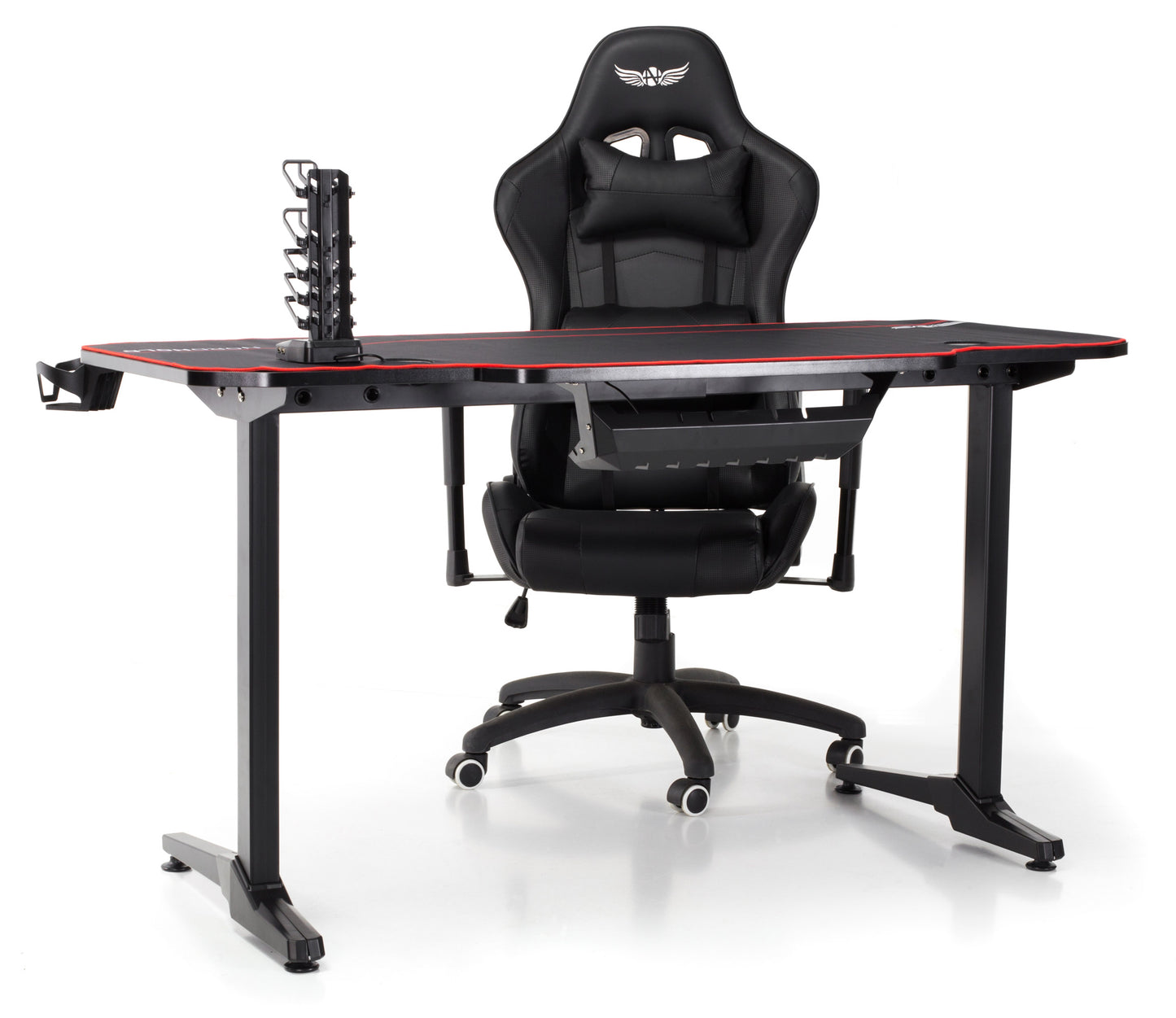 Birou Gaming cu suprafata tip mousepad idealSTORE Shark GD HOLD, Dimensiuni 140 x 66 x 77 cm, Prevazut cu picioare stabile, Accesorizat cu suport pentru casti, pahar si mousepad, Echipat cu orificii speciale pentru cabluri, Negru-Rosu