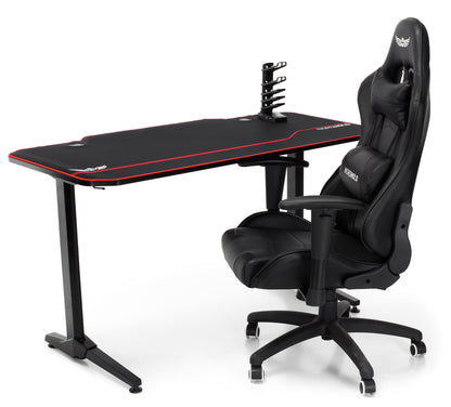 Birou Gaming cu suprafata tip mousepad idealSTORE Shark GD HOLD, Dimensiuni 140 x 66 x 77 cm, Prevazut cu picioare stabile, Accesorizat cu suport pentru casti, pahar si mousepad, Echipat cu orificii speciale pentru cabluri, Negru-Rosu