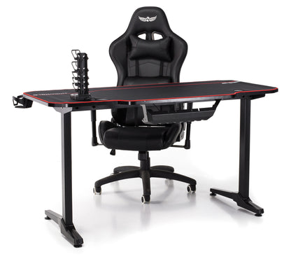 Birou Gaming cu suprafata tip mousepad idealSTORE Shark GD HOLD, Dimensiuni 140 x 66 x 77 cm, Prevazut cu picioare stabile, Accesorizat cu suport pentru casti, pahar si mousepad, Echipat cu orificii speciale pentru cabluri, Negru-Rosu