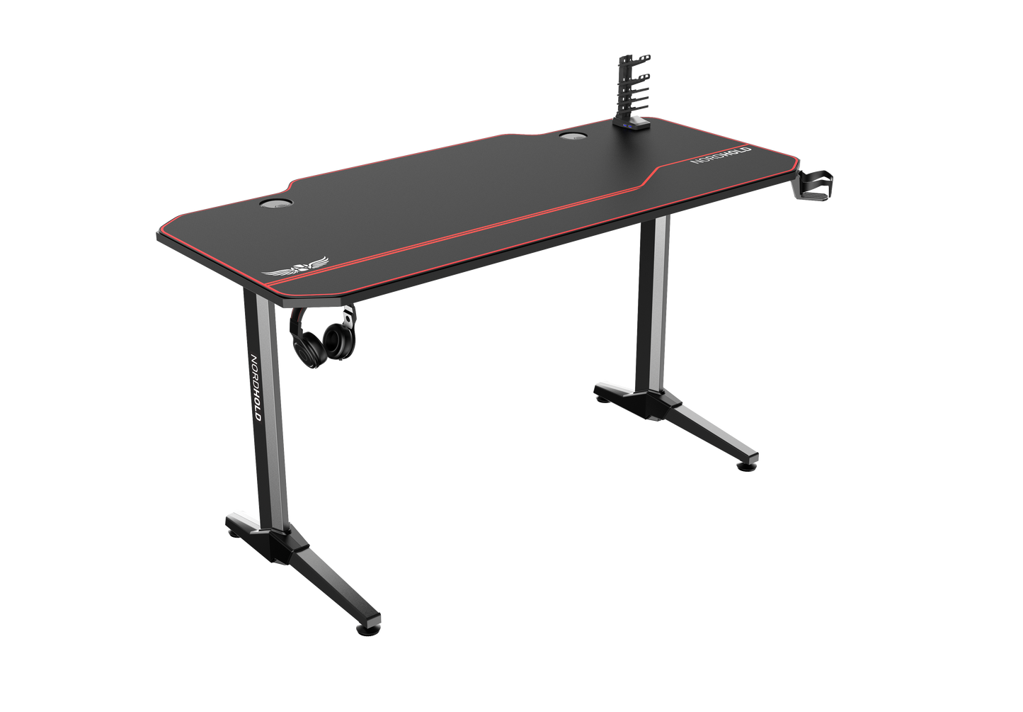 Birou Gaming cu suprafata tip mousepad idealSTORE Shark GD HOLD, Dimensiuni 140 x 66 x 77 cm, Prevazut cu picioare stabile, Accesorizat cu suport pentru casti, pahar si mousepad, Echipat cu orificii speciale pentru cabluri, Negru-Rosu