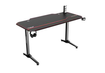 Birou Gaming cu suprafata tip mousepad idealSTORE Shark GD HOLD, Dimensiuni 140 x 66 x 77 cm, Prevazut cu picioare stabile, Accesorizat cu suport pentru casti, pahar si mousepad, Echipat cu orificii speciale pentru cabluri, Negru-Rosu