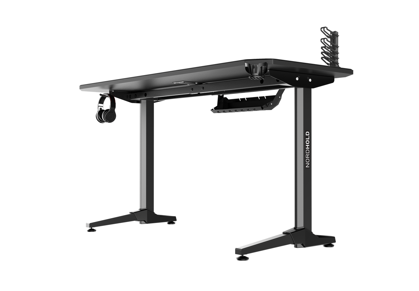 Birou Gaming cu suprafata tip mousepad idealSTORE Shark GD HOLD, Dimensiuni 140 x 66 x 77 cm, Prevazut cu picioare stabile, Accesorizat cu suport pentru casti, pahar si mousepad, Echipat cu orificii speciale pentru cabluri, Negru-Rosu