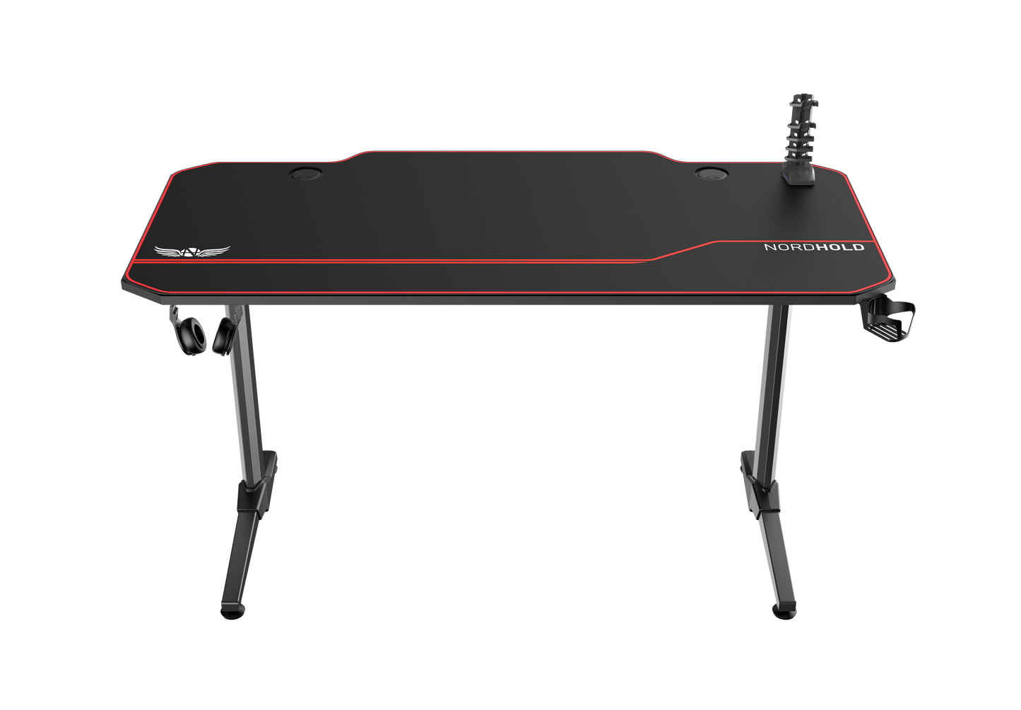 Birou Gaming cu suprafata tip mousepad idealSTORE Shark GD HOLD, Dimensiuni 140 x 66 x 77 cm, Prevazut cu picioare stabile, Accesorizat cu suport pentru casti, pahar si mousepad, Echipat cu orificii speciale pentru cabluri, Negru-Rosu