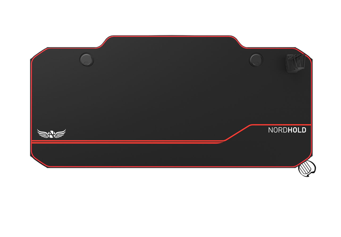 Birou Gaming cu suprafata tip mousepad idealSTORE Shark GD HOLD, Dimensiuni 140 x 66 x 77 cm, Prevazut cu picioare stabile, Accesorizat cu suport pentru casti, pahar si mousepad, Echipat cu orificii speciale pentru cabluri, Negru-Rosu