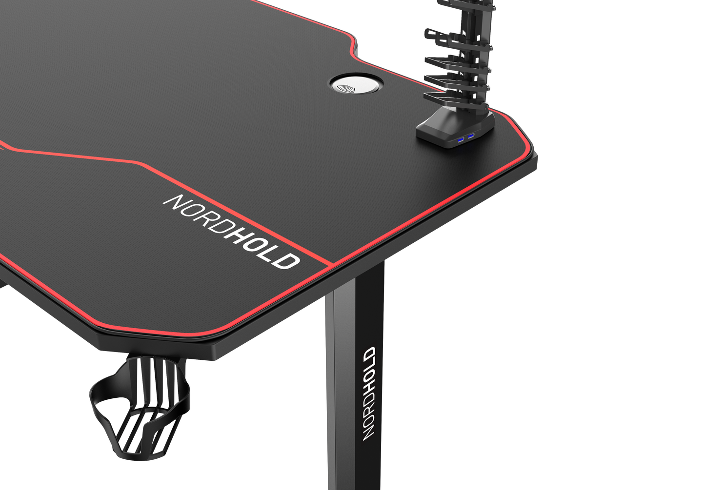 Birou Gaming cu suprafata tip mousepad idealSTORE Shark GD HOLD, Dimensiuni 140 x 66 x 77 cm, Prevazut cu picioare stabile, Accesorizat cu suport pentru casti, pahar si mousepad, Echipat cu orificii speciale pentru cabluri, Negru-Rosu