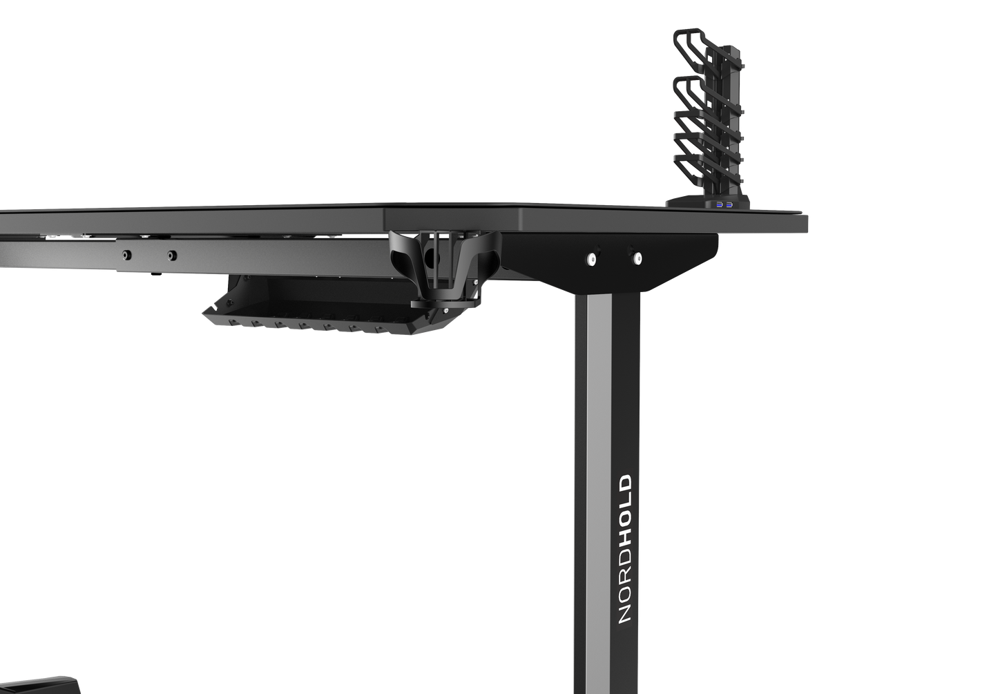 Birou Gaming cu suprafata tip mousepad idealSTORE Shark GD HOLD, Dimensiuni 140 x 66 x 77 cm, Prevazut cu picioare stabile, Accesorizat cu suport pentru casti, pahar si mousepad, Echipat cu orificii speciale pentru cabluri, Negru-Rosu