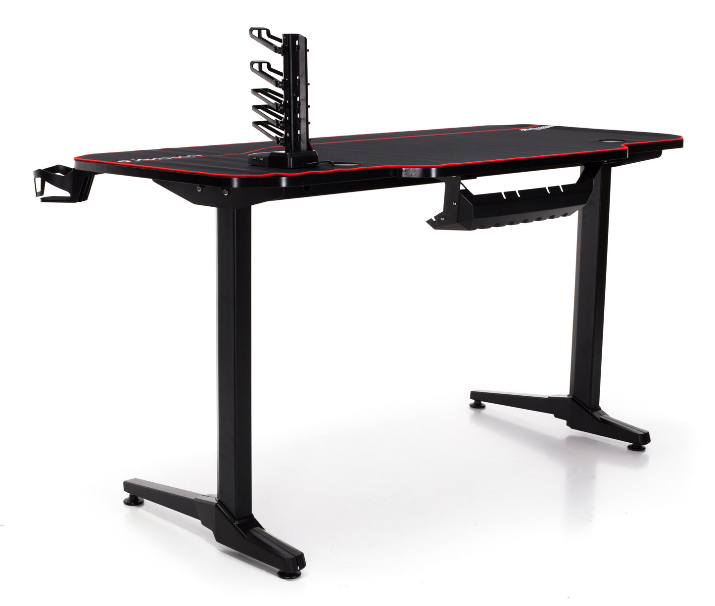 Birou Gaming cu suprafata tip mousepad idealSTORE Shark GD HOLD, Dimensiuni 140 x 66 x 77 cm, Prevazut cu picioare stabile, Accesorizat cu suport pentru casti, pahar si mousepad, Echipat cu orificii speciale pentru cabluri, Negru-Rosu