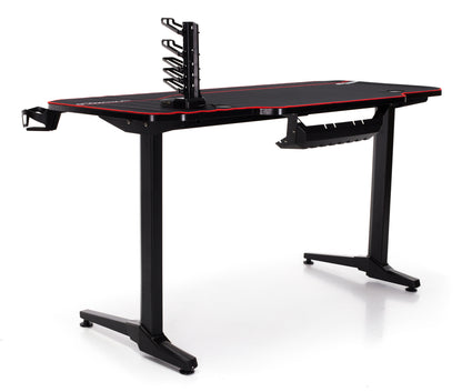 Birou Gaming cu suprafata tip mousepad idealSTORE Shark GD HOLD, Dimensiuni 140 x 66 x 77 cm, Prevazut cu picioare stabile, Accesorizat cu suport pentru casti, pahar si mousepad, Echipat cu orificii speciale pentru cabluri, Negru-Rosu