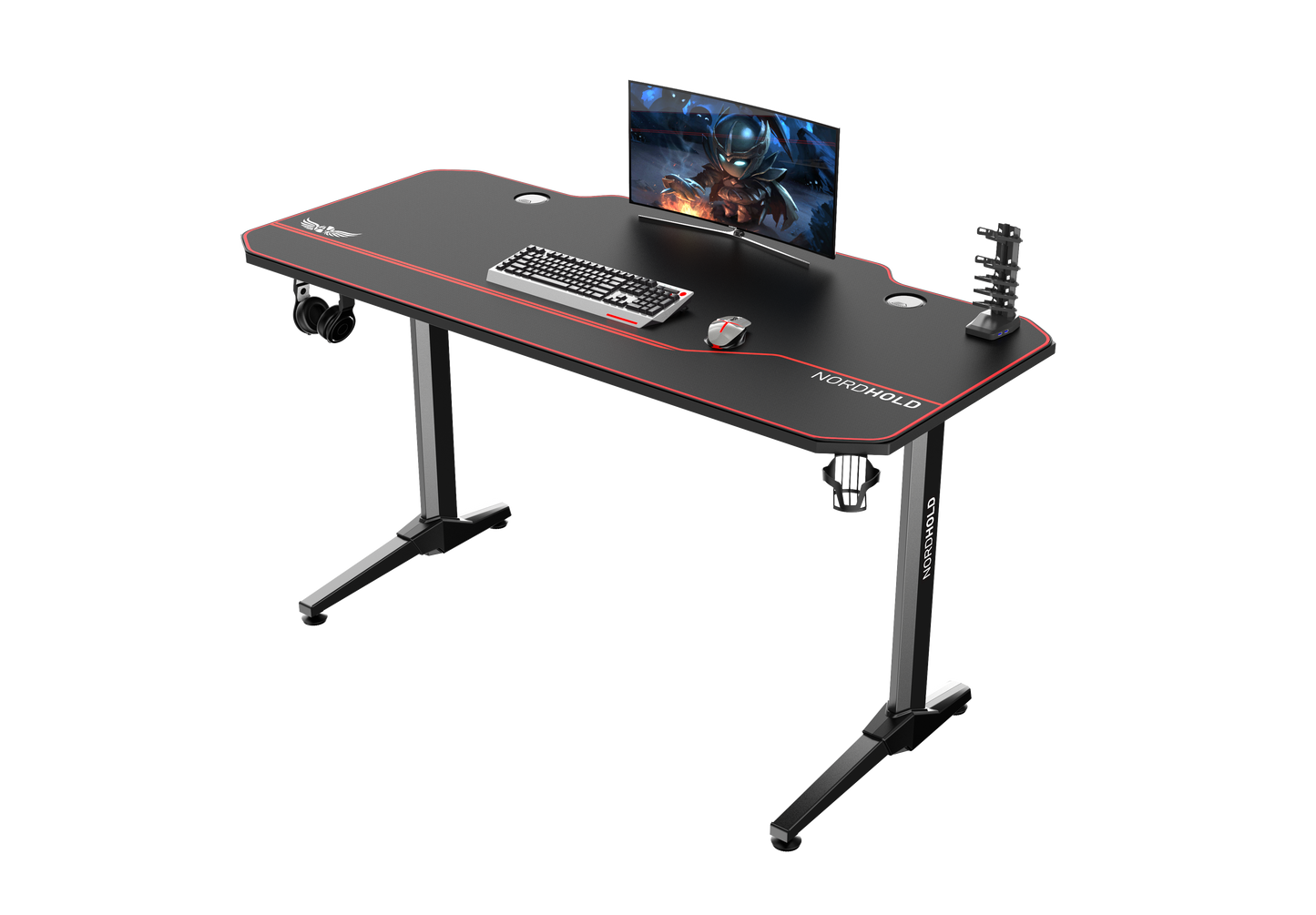 Birou Gaming cu suprafata tip mousepad idealSTORE Shark GD HOLD, Dimensiuni 140 x 66 x 77 cm, Prevazut cu picioare stabile, Accesorizat cu suport pentru casti, pahar si mousepad, Echipat cu orificii speciale pentru cabluri, Negru-Rosu