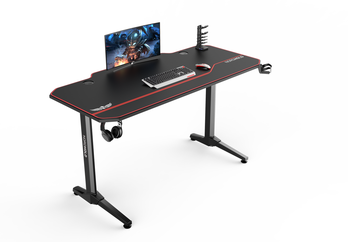 Birou Gaming cu suprafata tip mousepad idealSTORE Shark GD HOLD, Dimensiuni 140 x 66 x 77 cm, Prevazut cu picioare stabile, Accesorizat cu suport pentru casti, pahar si mousepad, Echipat cu orificii speciale pentru cabluri, Negru-Rosu